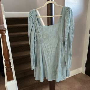 Blue Square Neck Long Sleeved Mini Dress